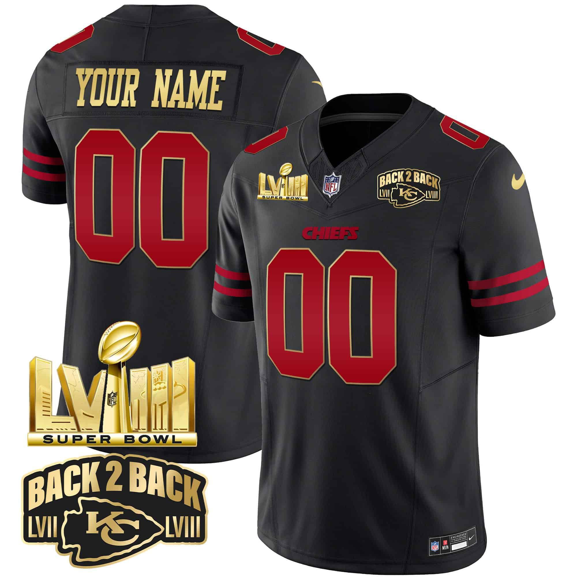 Men Kansas City Chiefs Black 2024 Nike Super Bowl LVIII & Back-2-Back Gold Patch Vapor Custom NFL Jersey style 1